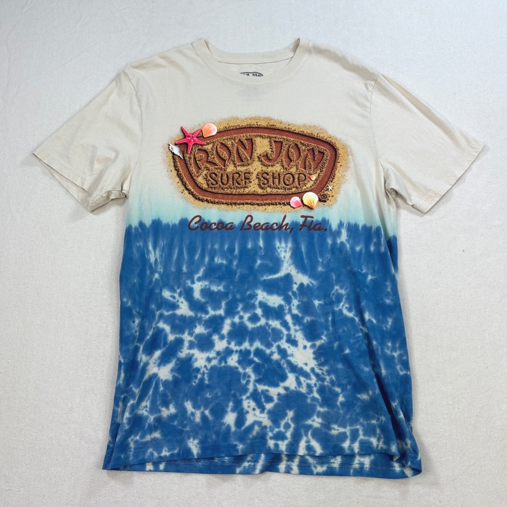 Ron Jon Surf Shop Cocoa Beach Florida Tie Dye Graphic T-Shirt Blue Cream Small